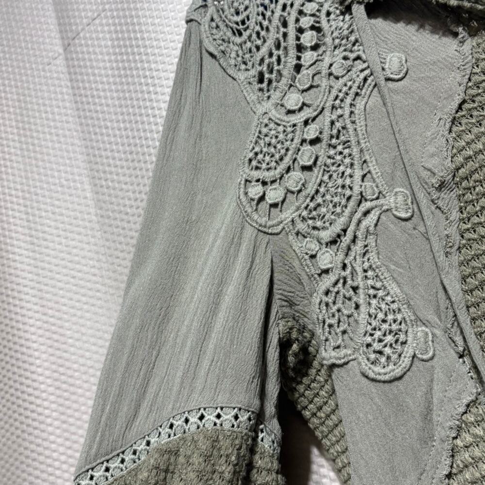 Miss Me Small Olive Green Sage Crochet Lace Boho Peasant Top Bell Sleeve - Picture 3 of 8
